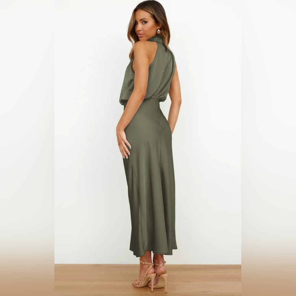 NEW Chic Draped Wrap Halter Neck Satin Midi Dress Olive Green
